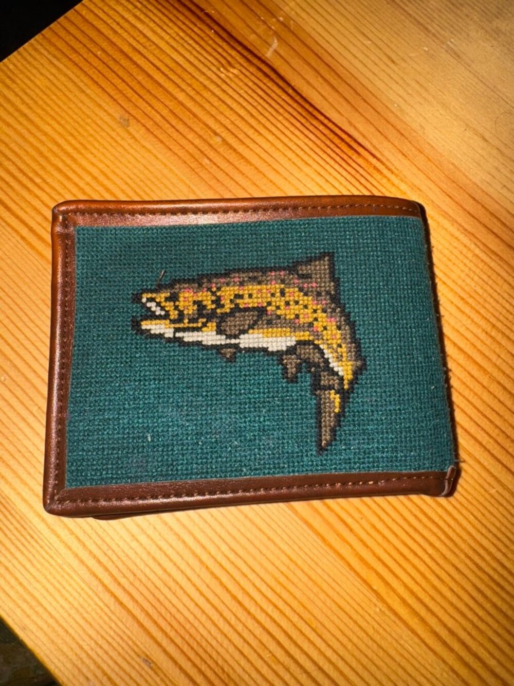Kraftsman Co Needlepoint Trout Bifold Wallet Brown Leather